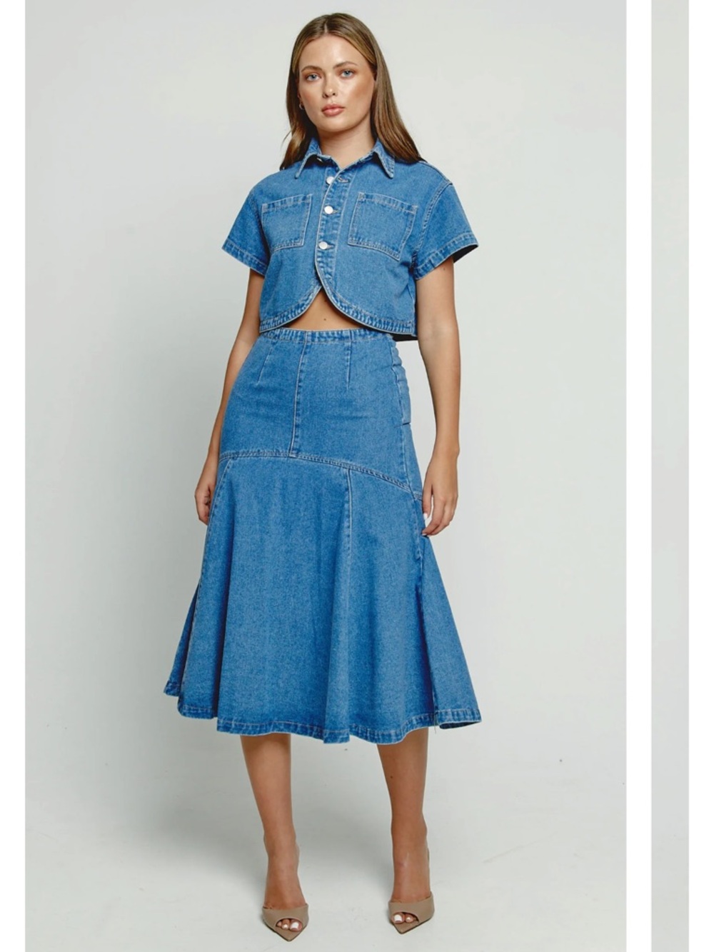 NWT Rare London Blue Denim Flared High Waisted Midi Skirt Women’s Size US 4 UK 8